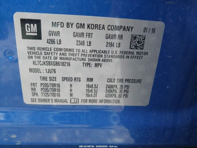 KL7CJKSBXGB618216 Chevrolet Trax 1ls