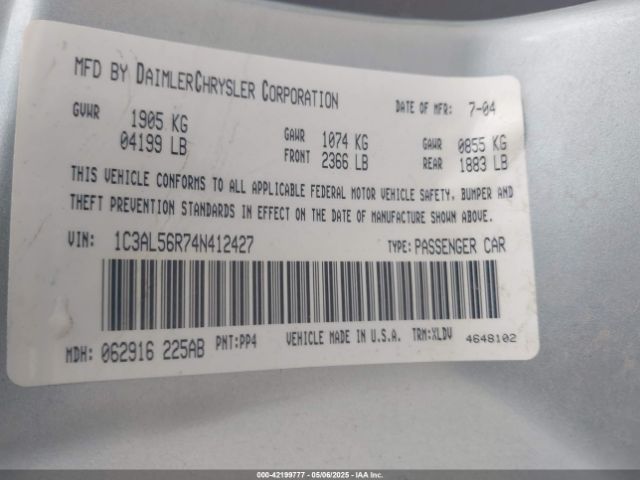 2004 CHRYSLER SEBRING 1C3AL56R74N412427 Photo 8
