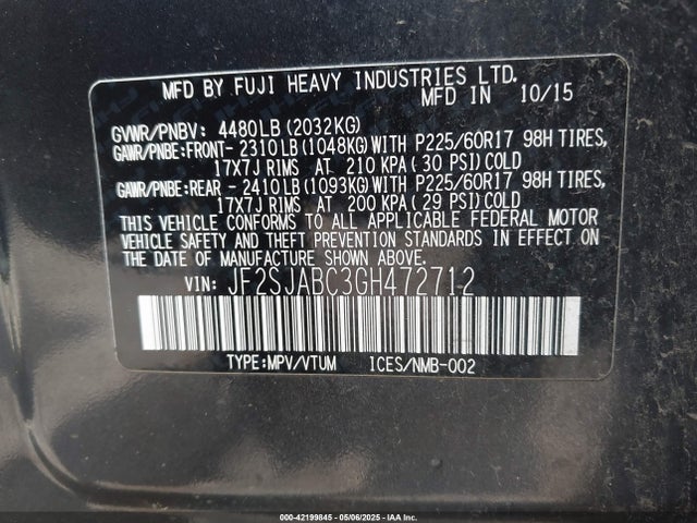 JF2SJABC3GH472712 Subaru naturally aspirated u5