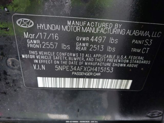5NPE34AFXGH415153 Hyundai Sonata Limited