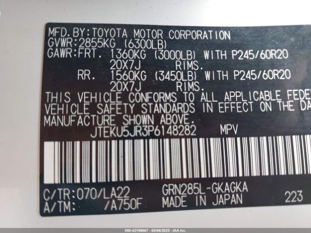 JTEKU5JR3P6148282 Toyota 1gr-fe