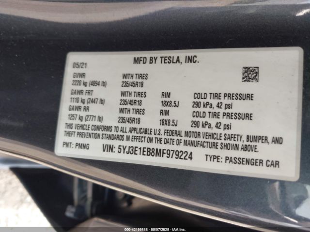 2021 TESLA MODEL 3 5YJ3E1EB8MF979224 Photo 8