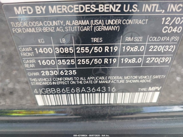Продажа на аукционе авто 2008 Mercedes-benz Ml 350 4matic, vin: 4JGBB86E68A364316, номер лота: 42199924