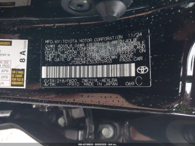 JTDBCMFE3S3075903 Toyota Corolla Hybrid Le