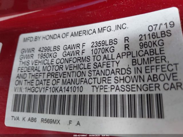 2019 HONDA ACCORD 1HGCV1F10KA141010 Photo 8