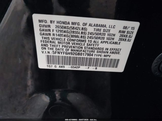 5FNYF6H92GB017904 Honda Pilot Touring