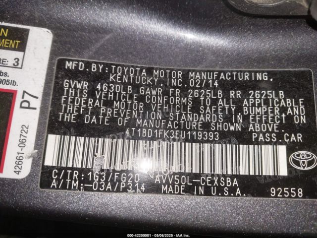 4T1BD1FK3EU119393 Toyota Camry Hybrid Se Limited Edition