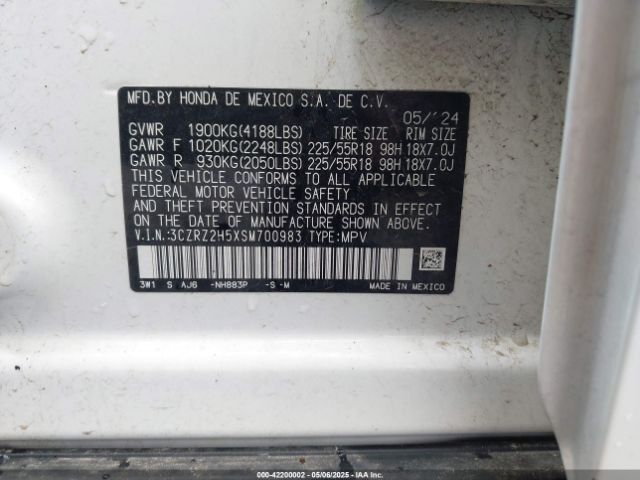 3CZRZ2H5XSM700983 Honda Hr-v Awd Sport