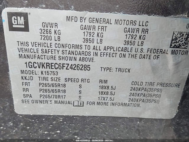 1GCVKREC6FZ426285 Chevrolet l83 - vvt, active fuel management, aluminum