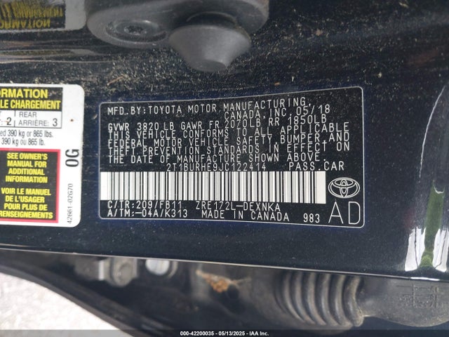 2T1BURHE9JC122414 Toyota COROLLA LE