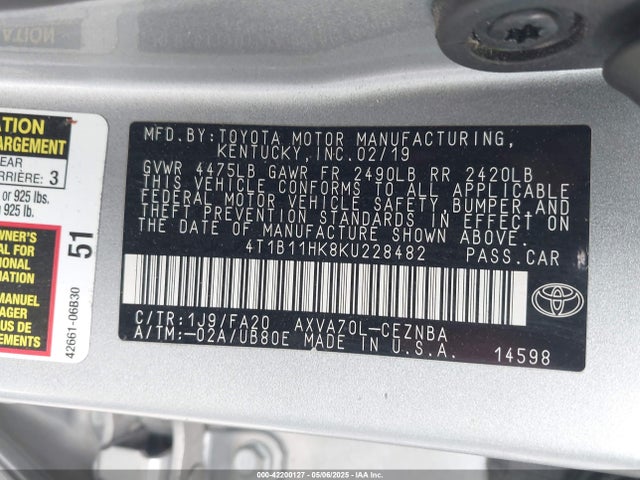 4T1B11HK8KU228482 Toyota CAMRY LE