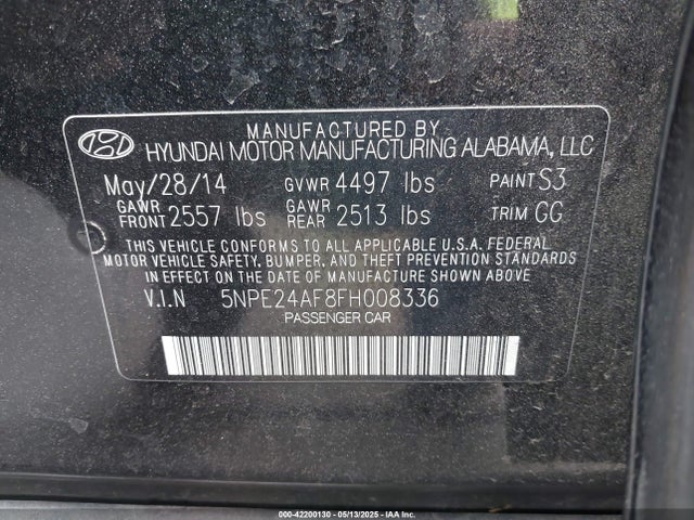 5NPE24AF8FH008336 Hyundai SONATA SE