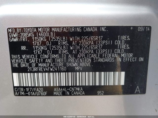 2T3RFREV4FW241160 Toyota Rav4 Xle