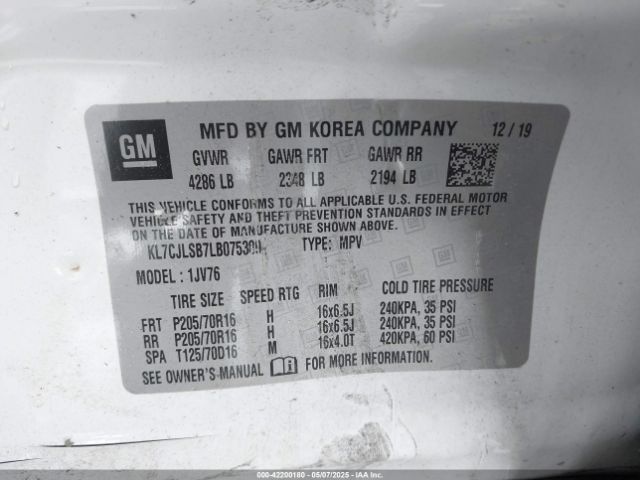 KL7CJLSB7LB075309 Chevrolet Trax Fwd Lt