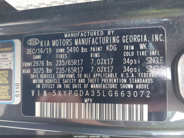 5XYPGDA35LG663072 KIA Sorento 2.4l Lx