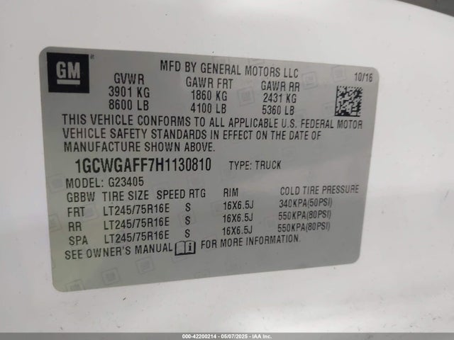 1GCWGAFF7H1130810 Chevrolet Express 2500 Work Van