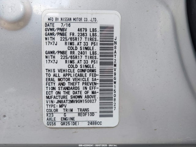 JN8AT2MV9GW150827 Nissan ROGUE S