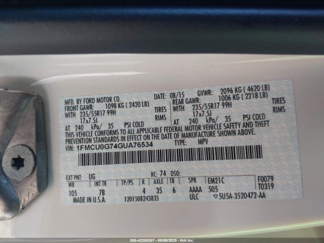 1FMCU0G74GUA76534 Ford ESCAPE SE