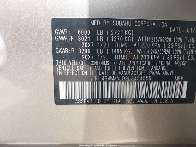4S4WMALD9L3454555 Subaru Ascent Limited