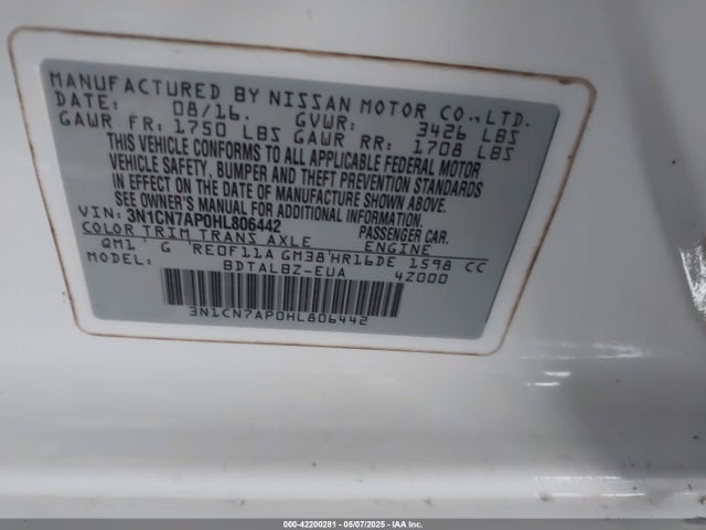 3N1CN7AP0HL806442 Nissan Versa 1.6 S/1.6 S+/1.6 Sl/1.6 Sv