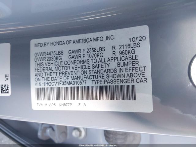2021 HONDA ACCORD 1HGCV1F35MA010577 Photo 8