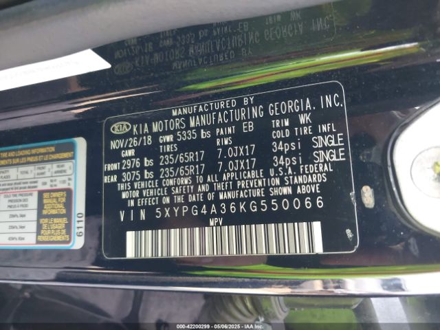 5XYPG4A36KG550066 KIA Sorento 2.4l Lx