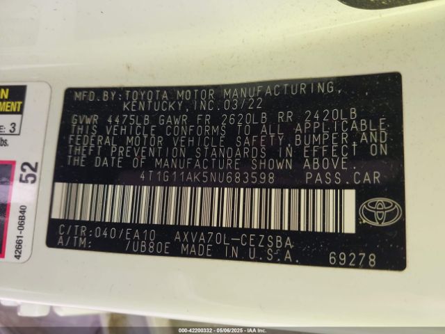 2022 TOYOTA CAMRY 4T1G11AK5NU683598 Photo 8