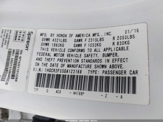 1HGCR2F55GA123168 Honda Accord Sport