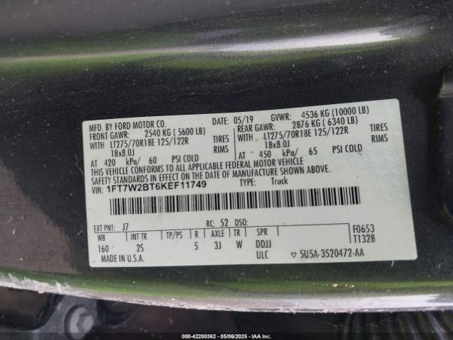 1FT7W2BT6KEF11749 Ford F-250 Xlt