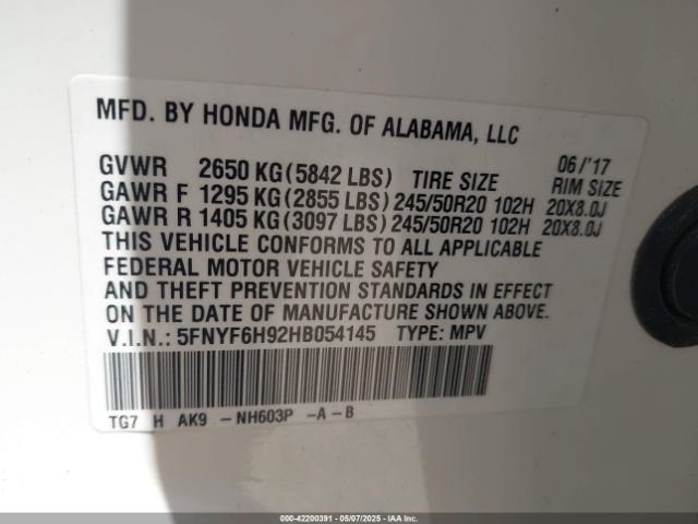 5FNYF6H92HB054145 Honda Pilot Touring