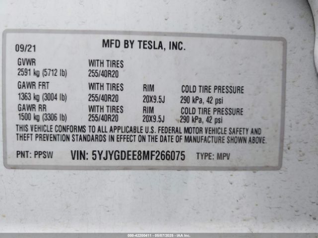 5YJYGDEE8MF266075 Tesla 2021