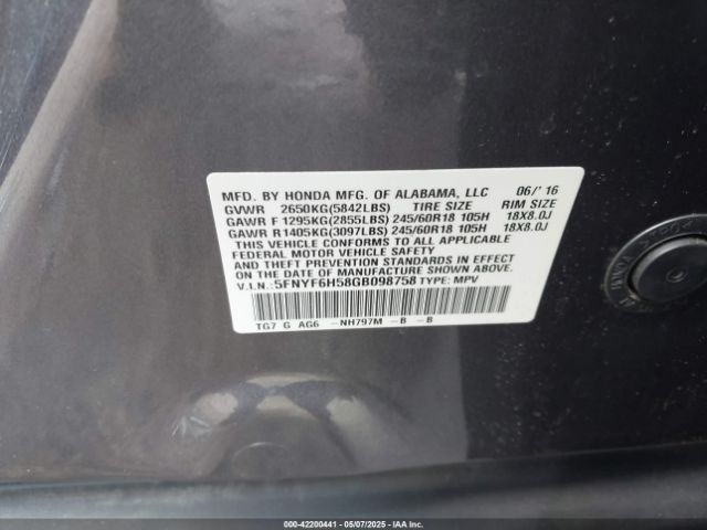5FNYF6H58GB098758 Honda Pilot Ex-l
