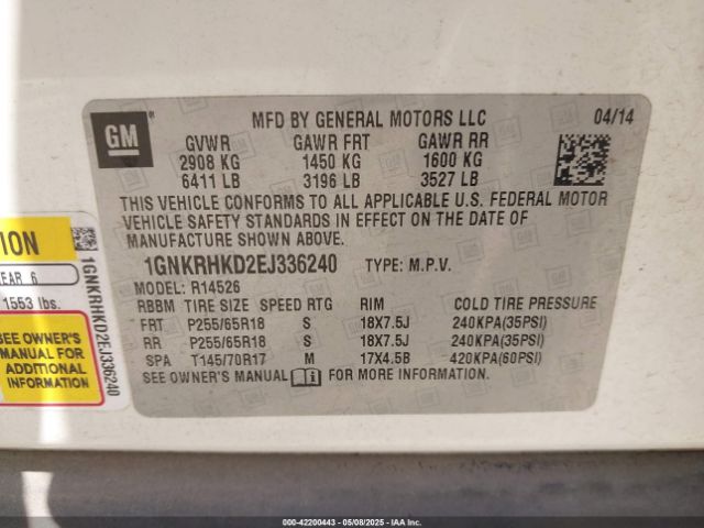 1GNKRHKD2EJ336240 Chevrolet Traverse 2lt