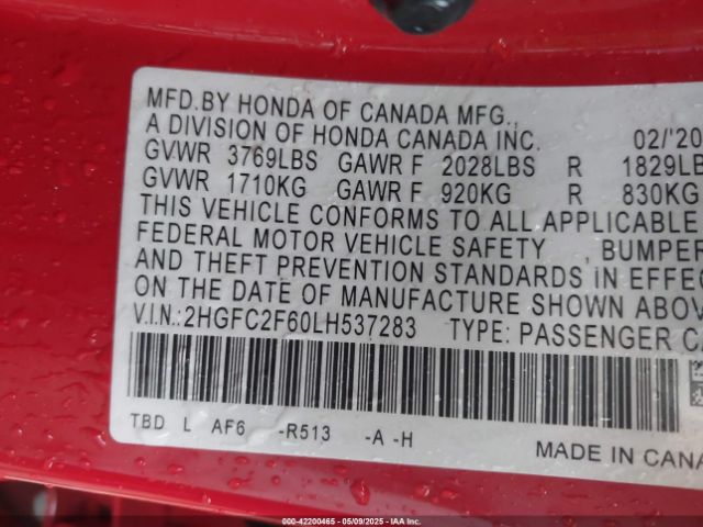 2HGFC2F60LH537283 Honda k20c2
