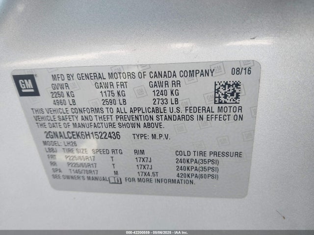Chevrolet EQUINOX LT 2017 2GNALCEK6H1522436 Image 9