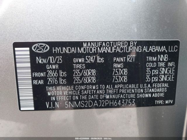 5NMS2DAJ2PH643753 Hyundai Santa Fe Sel