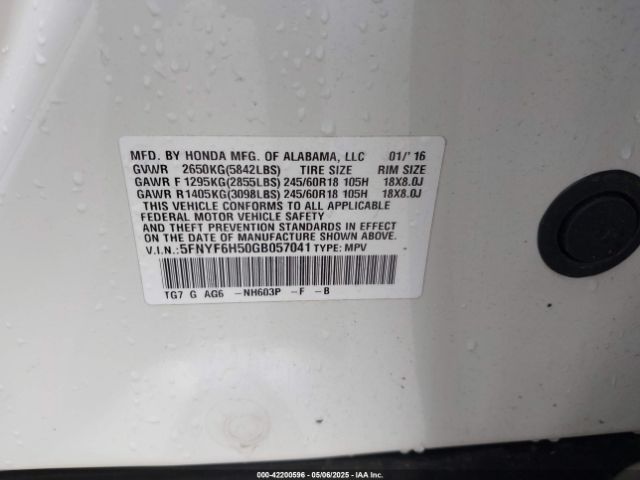 5FNYF6H50GB057041 Honda Pilot Ex-l