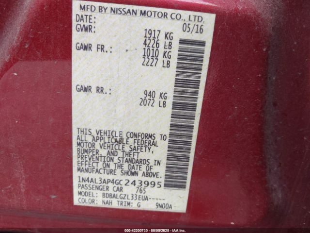 1N4AL3AP4GC243995 Nissan Altima 2.5/2.5 S/2.5 Sl/2.5 Sr/2.5 Sv