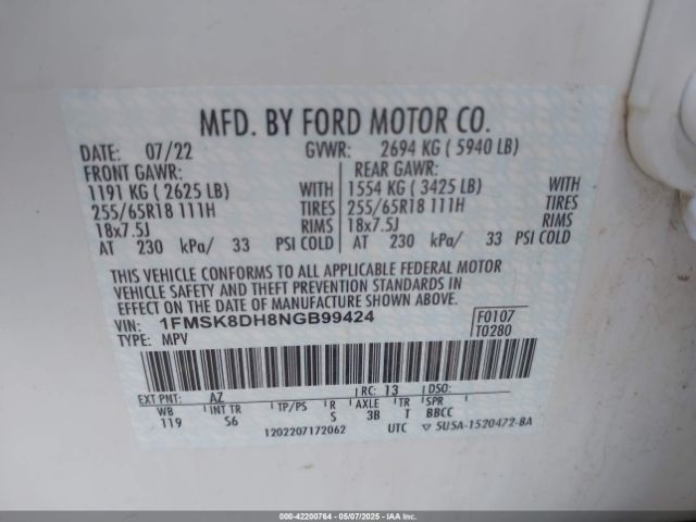 2022 FORD EXPLORER 1FMSK8DH8NGB99424 Photo 8