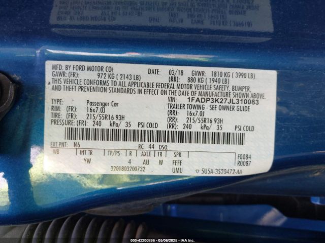 1FADP3K27JL310083 Ford FOCUS SE
