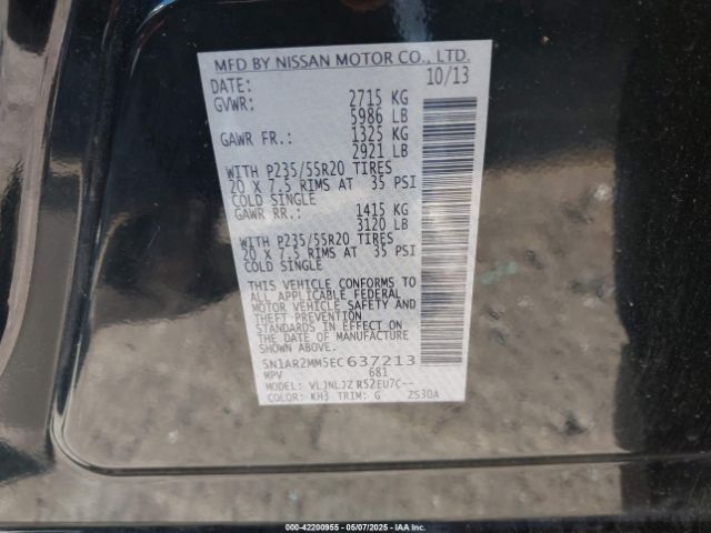 5N1AR2MM5EC637213 Nissan Pathfinder Platinum