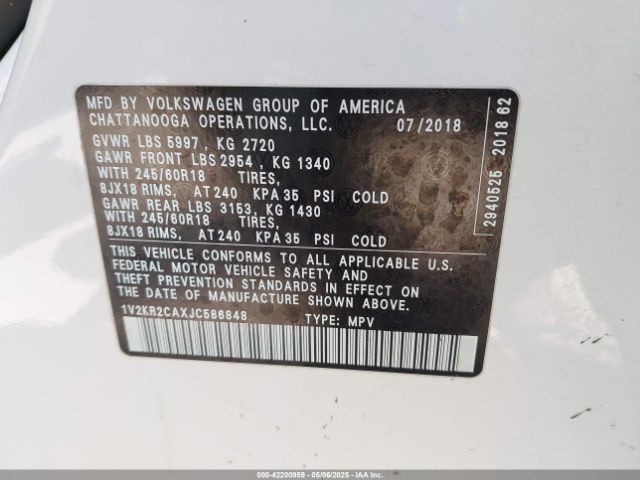 1V2KR2CAXJC586848 Volkswagen Atlas 3.6l V6 Se