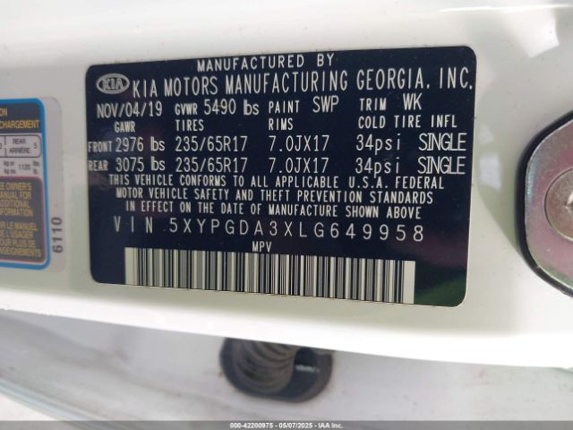 5XYPGDA3XLG649958 KIA Sorento 2.4l Lx