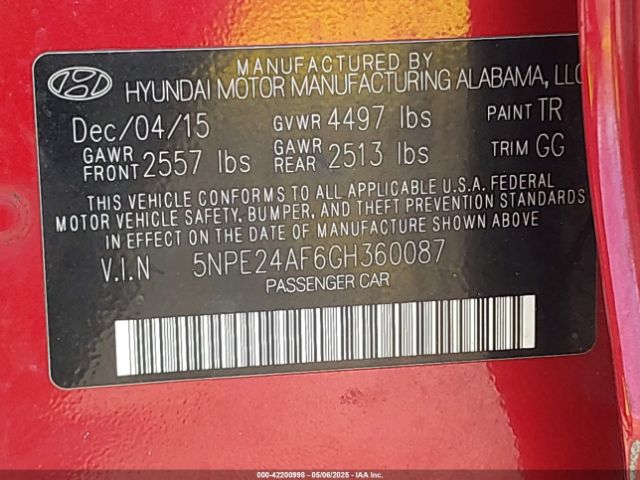 5NPE24AF6GH360087 Hyundai SONATA SE