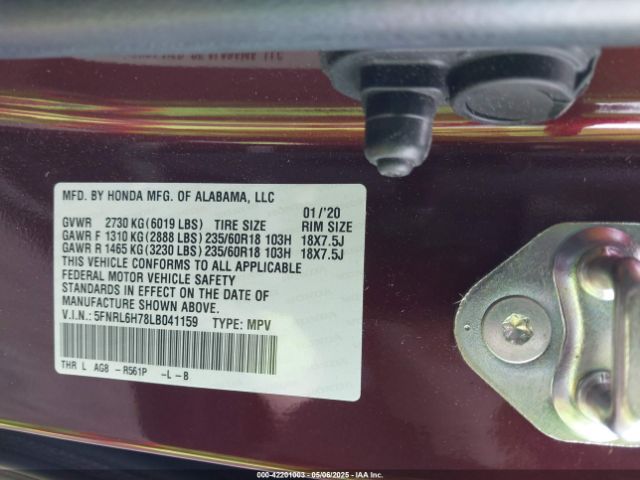 5FNRL6H78LB041159 Honda Odyssey Ex-l/ex-l W/navi   Res