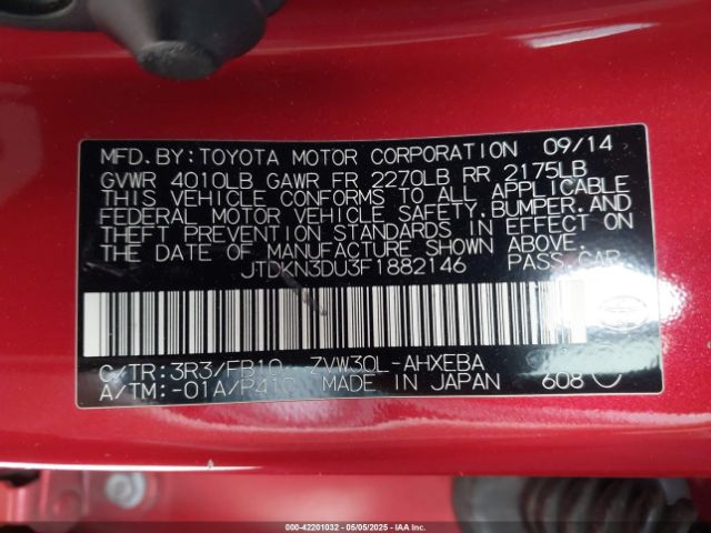 JTDKN3DU3F1882146 Toyota Prius Three