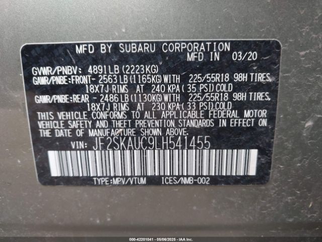 JF2SKAUC9LH541455 Subaru Forester Limited