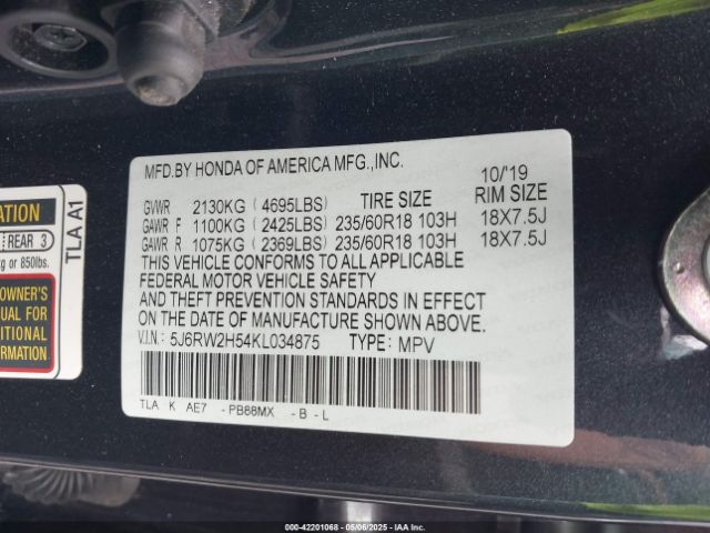 5J6RW2H54KL034875 Honda CR-V EX