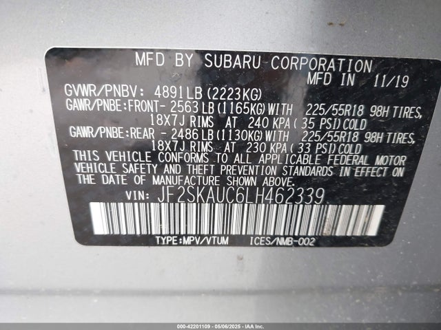 Subaru naturally aspirated u5 2020 JF2SKAUC6LH462339 Image 9