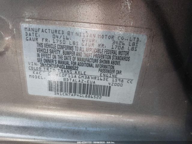 3N1CN7AP4GL886522 Nissan Versa 1.6 S+